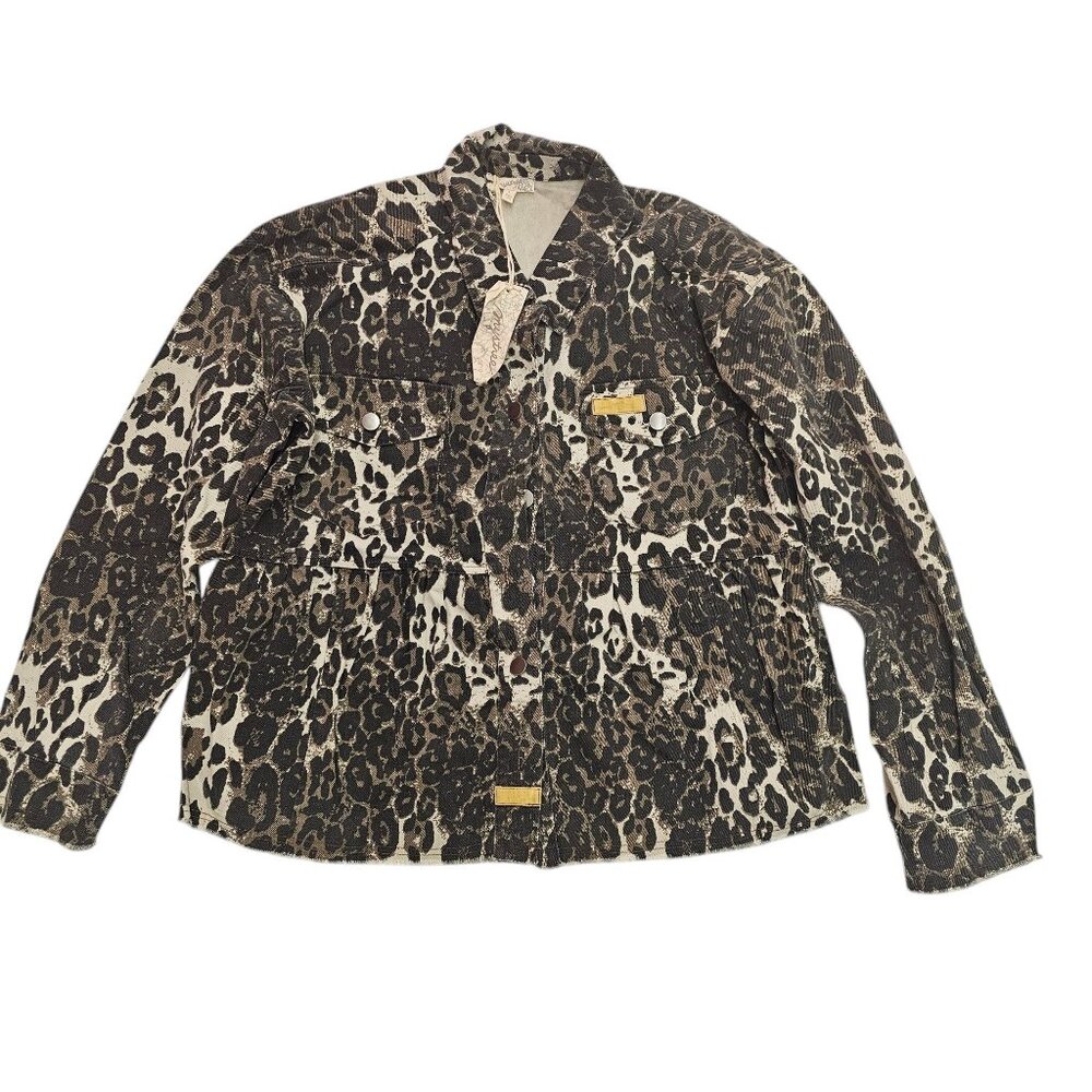 Mystree Leopard Print Denim Front Button Closure Jacket